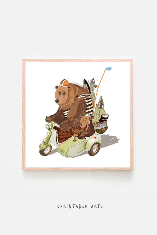 Bear Nursery Illustration Digital Instant Download Art Print ~ Dad Bear with Son Bear comeback to Mother Bear from forest market ~Motorcycle