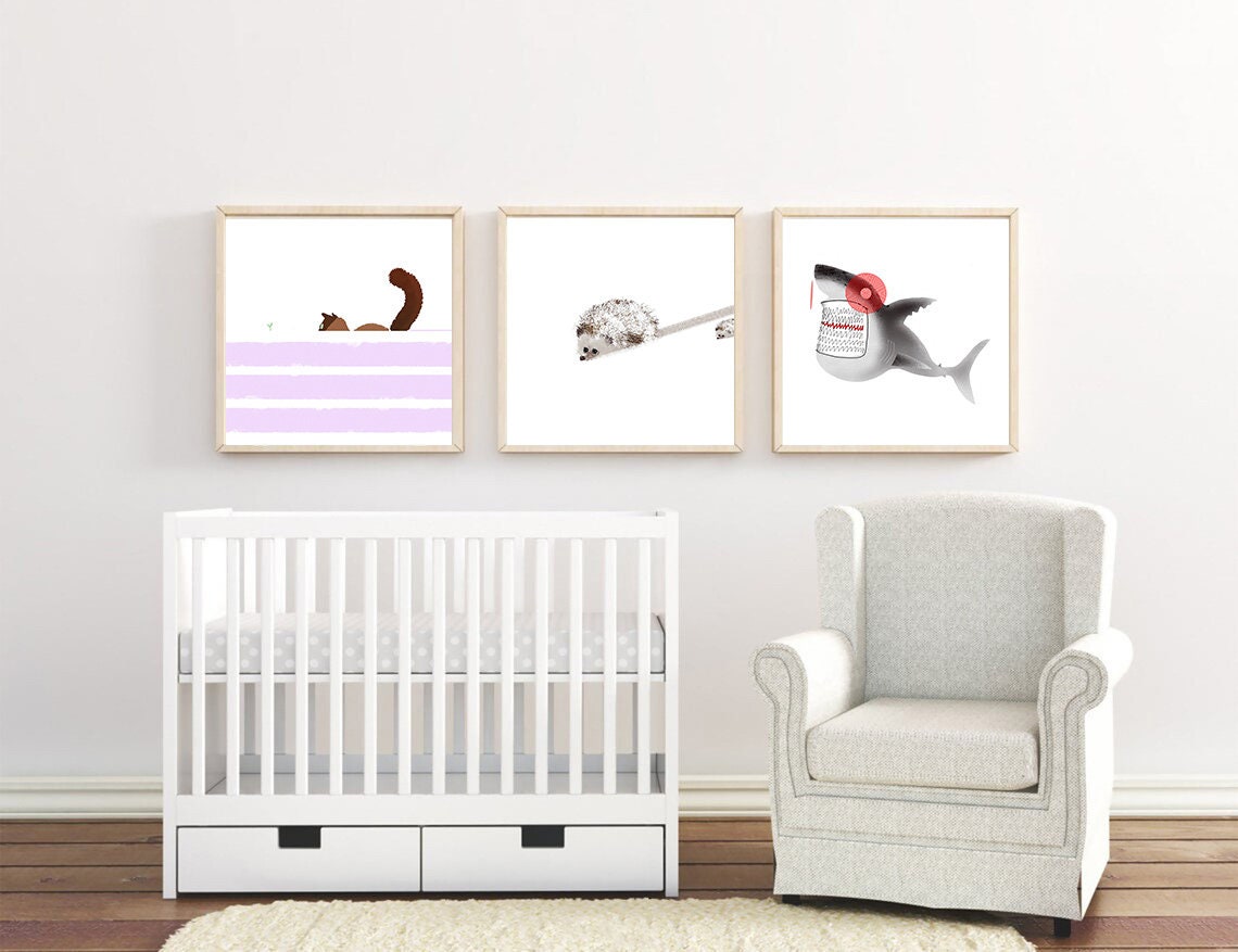 Cat In Search of Spring Square Digital Nursery Instant Download Art Printable Winter Purple Snow Green Plant Children Wall Art Decor