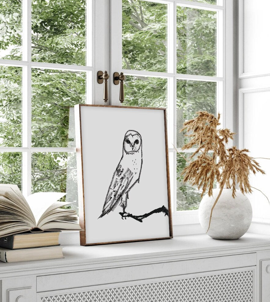 Owl Printable Hand Drawn Wall Art, Owl Decor, Owl Print, Owl Lover, Owl gift, Christmas Owl, Nursery Owl Print, Farmhouse decor, Bird Print
