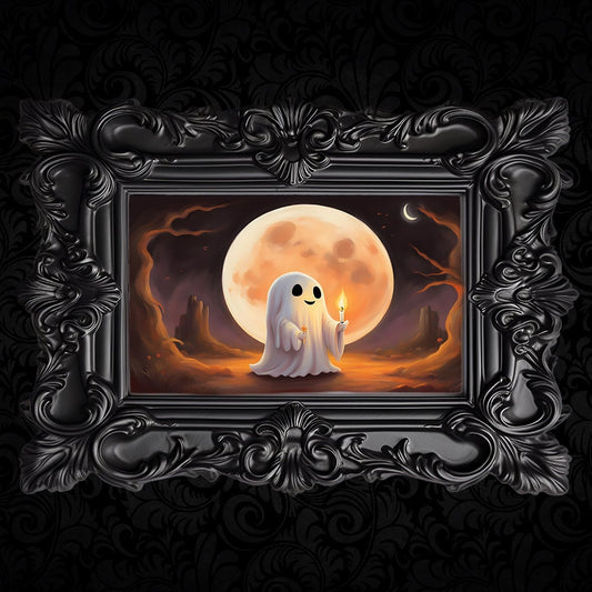 Ghost With Candle Full Moon Charm, Halloween Printable Art, Whimsical Print, Cute Ghost, Dark Academia, Haunting Ghost, Halloween Decor