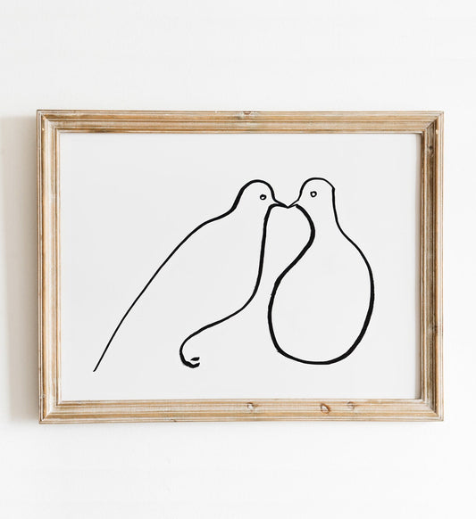 Morning Dove Print, Minimalist line art, Bird Art, Digital Download, Valentine Day Print, Pigeon Kiss, Bird Lover Gifts, Modern Wall Art