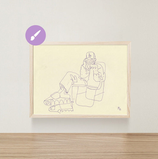 Original Pen Hand Drawing ~  Boy with Photo Camera ~ Minimalist Gel Pen Art ~ Sitting in Chair ~  by Jenea Kaitaz