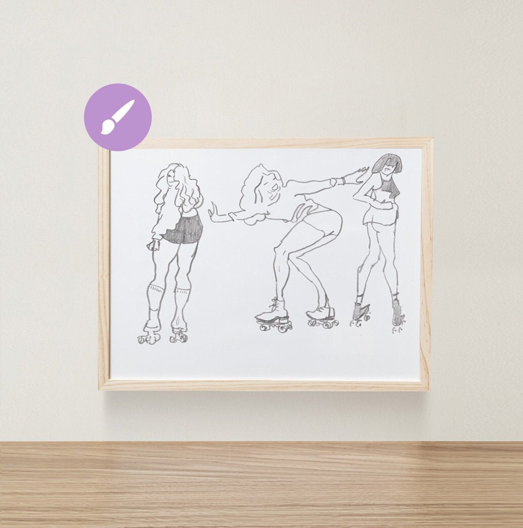 Roller Skate Girls ~ Hand Drawn Original Pencil Drawing by A4 Jenea Kaitaz (11.7 x 8.3 inch)