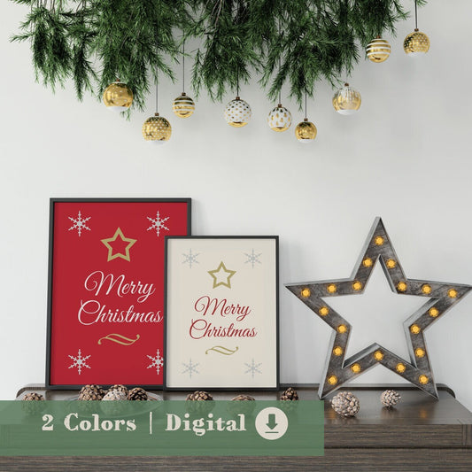 Merry Christmas Print, Nursery Wall Decor, Winter Season Art, Digital Download, Snow Flake Printable, Christmas Star Decor, Christmas Gifts