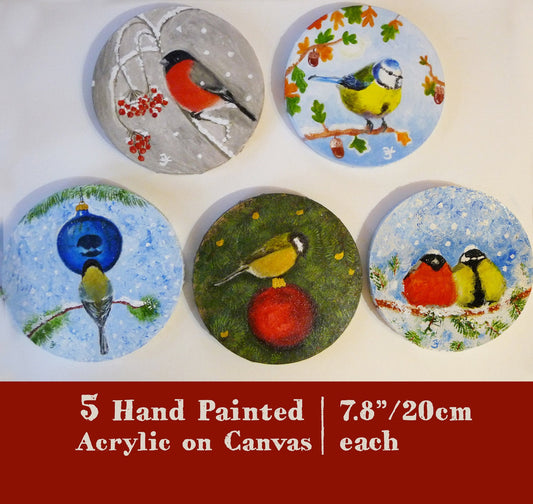 Unique holiday gift, Hand Painted Wall Art, My first Christmas Decor, Original Bird Painting, Mini Canvas Painting, Natural Nursery Decor