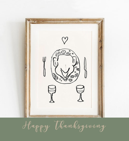 Thanksgiving Print, Doodle Illustration, Digital Download, Thanksgiving Gift, Thanksgiving Decor, Fall Wall Art, Simple Modern Kitchen Decor