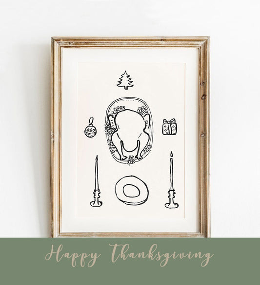 Thanksgiving Print, Digital Download, Preppy Christmas Wall Decor, Fall Wall Art, Christmas Gift Idea, Dinner Table, Scribble Illustration