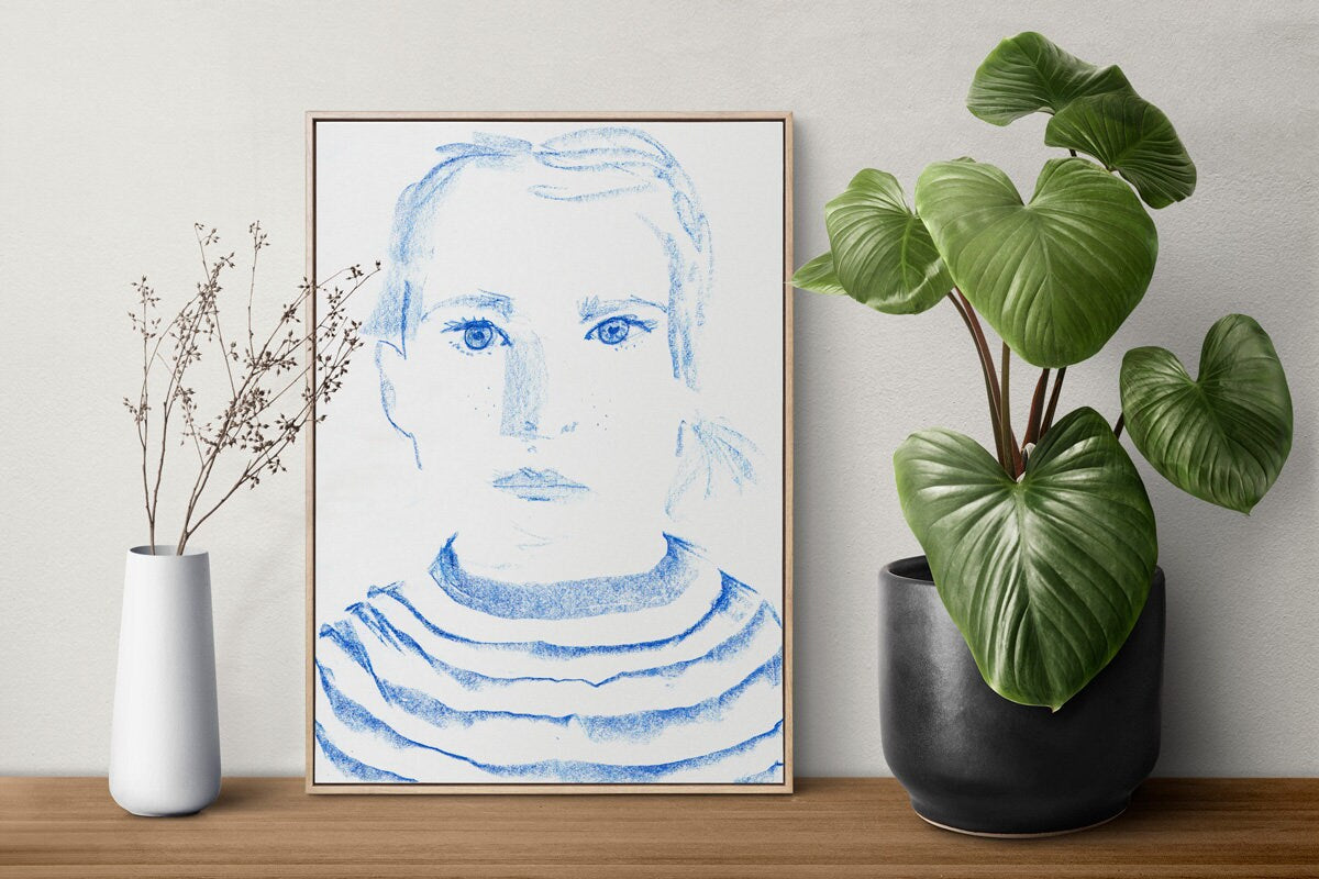 Portrait of Girl, Instant Download, Minimalist Portrait, Drawing by Jenea Kaitaz, Portrait Wall Art, Blue Eyes Pint