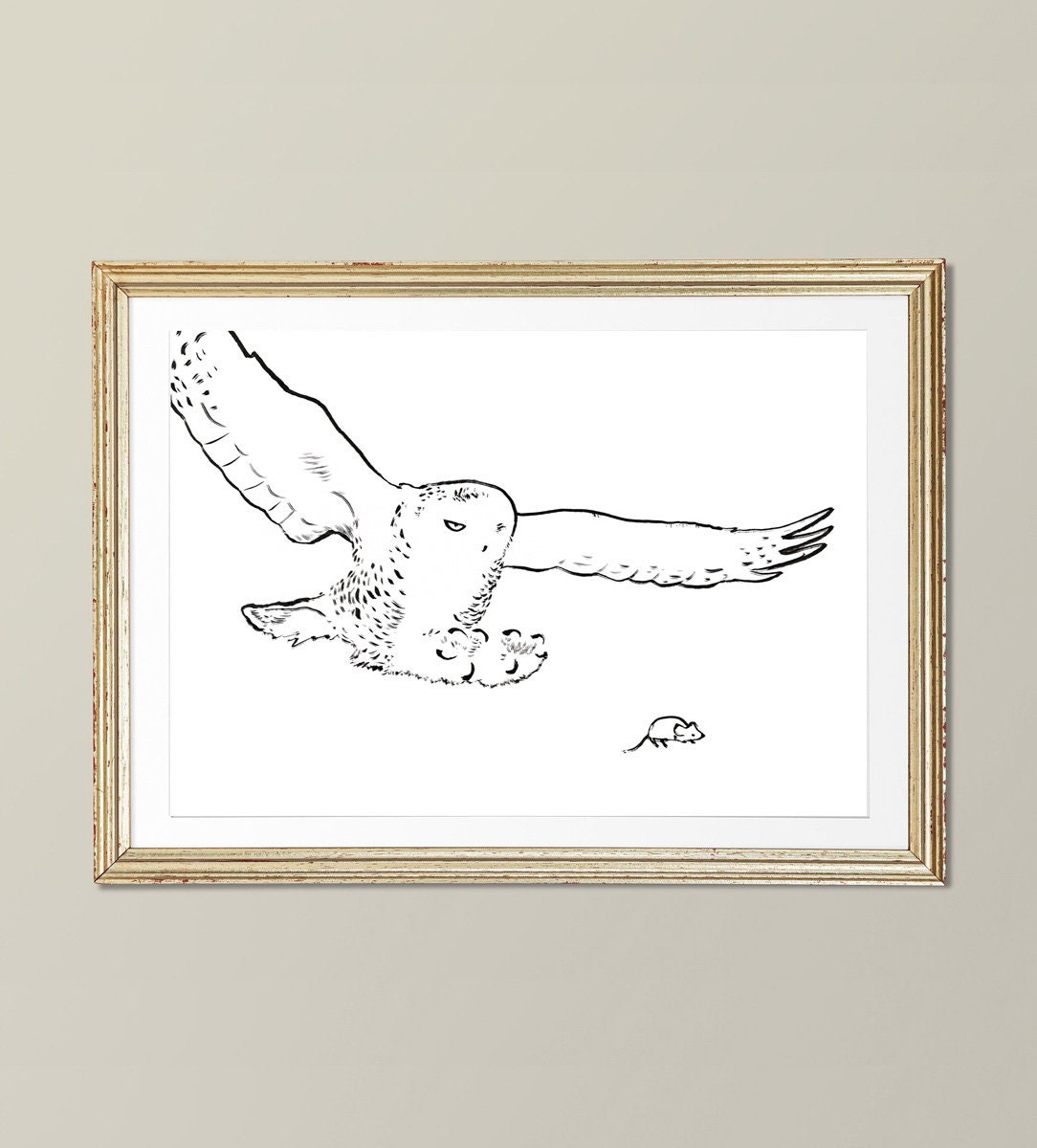 Hunting Snowy Owl Print, Owl in Flight Drawing, Printable Owl Decor, Minimalist Polar Owl, The White Owl Poster, Arctic Owl, Wildlife Art