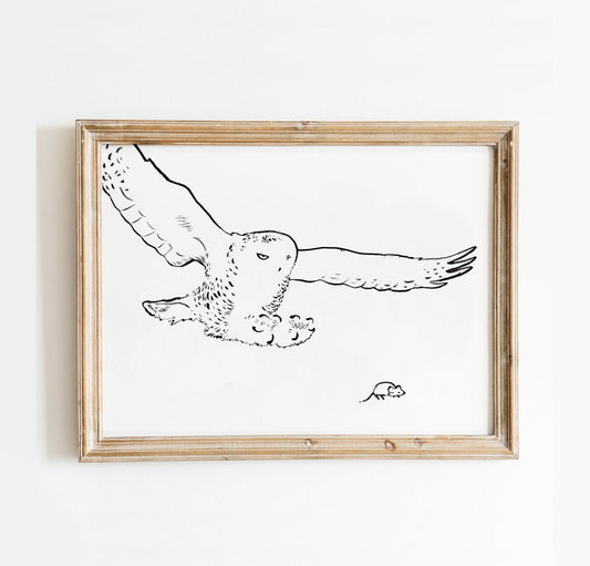Hunting Snowy Owl Print, Owl in Flight Drawing, Printable Owl Decor, Minimalist Polar Owl, The White Owl Poster, Arctic Owl, Wildlife Art