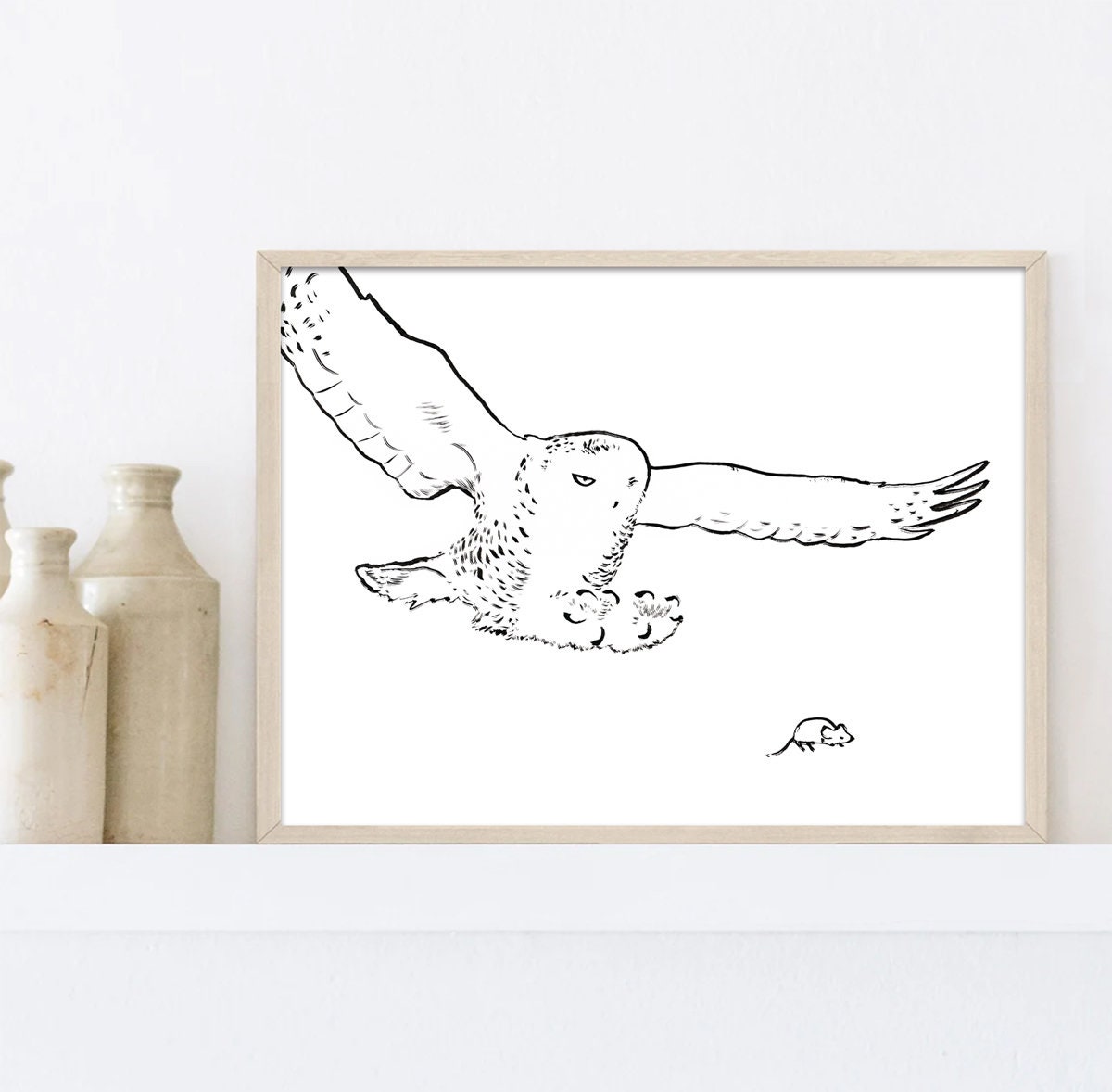 Hunting Snowy Owl Print, Owl in Flight Drawing, Printable Owl Decor, Minimalist Polar Owl, The White Owl Poster, Arctic Owl, Wildlife Art