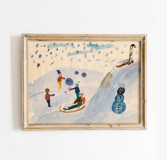 Sledding Print, Christmas Sleigh, Vintage Winter Decor, Snow Sled, Christmas Print Snow Digital Download, Holiday Print, Snowman print