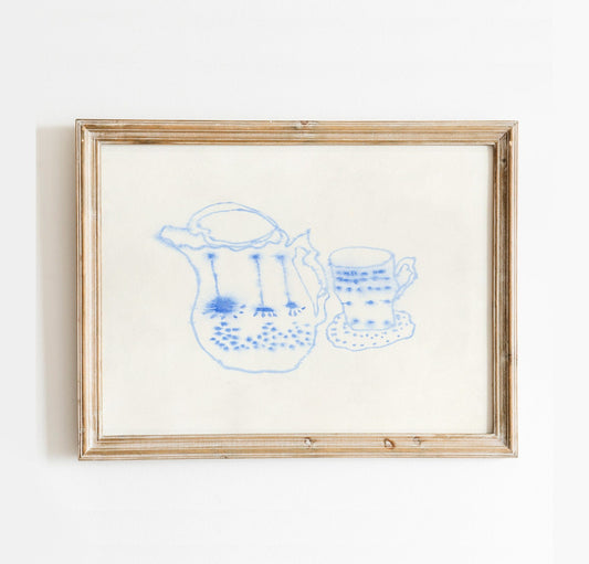 Tea Party Decor Print, Instant Download, Drawing of Porcelain Dishes, Minimalist Kitchen Art, Blue Kitchen Decor, Food and Drink Print