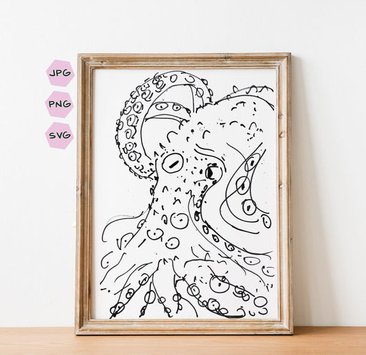 Octopus Poster, Nautical Decor, Bathroom art, Instant Download, Octopus Art, Tentacle Drawing, Black and White, Ocean Creature, Sea Animal
