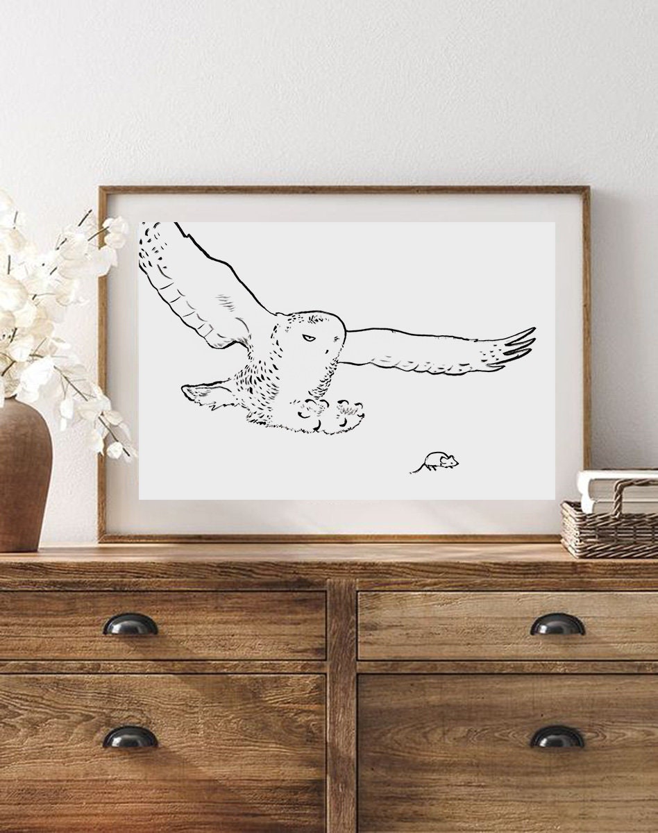 Hunting Snowy Owl Print, Owl in Flight Drawing, Printable Owl Decor, Minimalist Polar Owl, The White Owl Poster, Arctic Owl, Wildlife Art