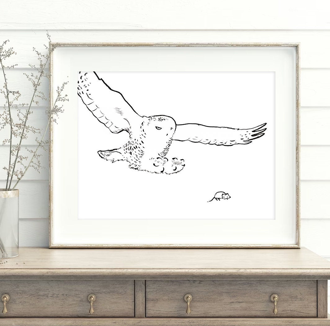 Hunting Snowy Owl Print, Owl in Flight Drawing, Printable Owl Decor, Minimalist Polar Owl, The White Owl Poster, Arctic Owl, Wildlife Art