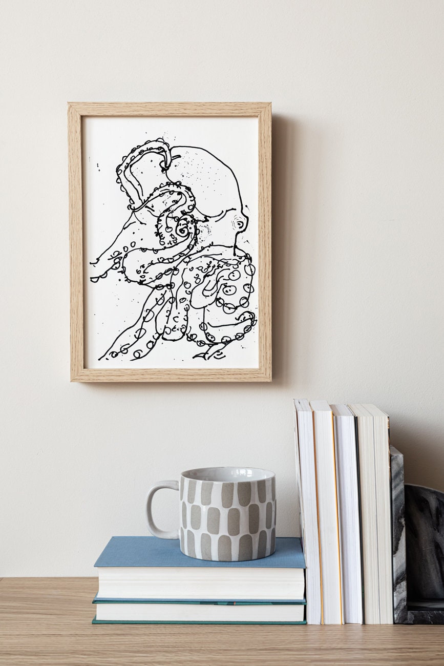 Nautical Bathroom Octopus Print, Housewarming gift idea, Digital Download, Octopus Black and White Drawing, Octopus Wall Decor