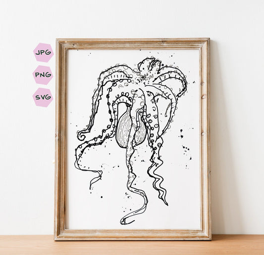 Octopus Art, Kraken Nautical Print, Beach House, Sea Creature Wall Decor, Scuba Life Art, Underwater Pint, Octopus Illustration, Tentacles