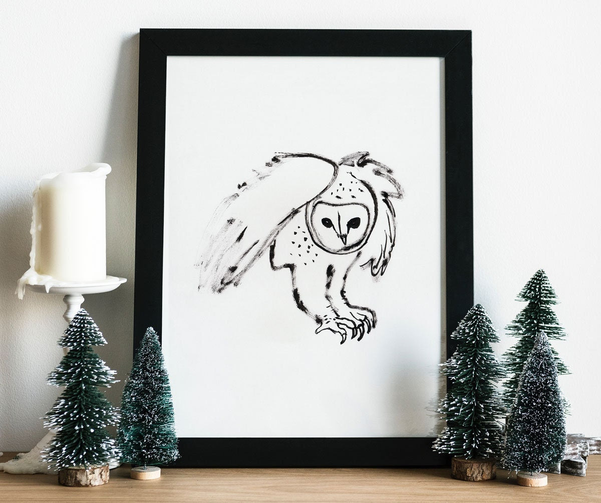 Owl Print, Printable Wall Art, Barn Owl Art, Owl Ink Sketch, Wizard Owl, Nature theme Print, Owl Flight