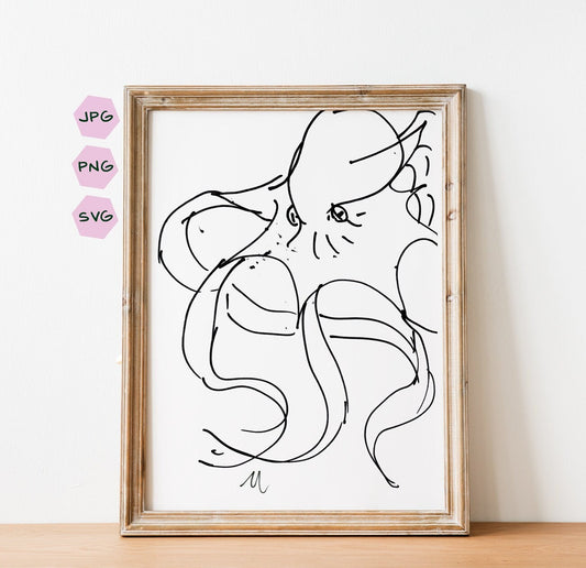Whimsical Octopus Print, Digital Illustration, Ink Line Art, Sea Creature Poster, Kraken Wall Art