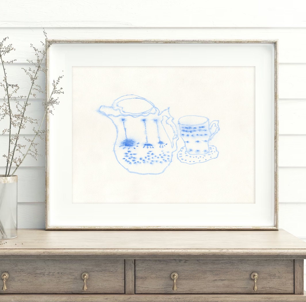 Tea Party Decor Print, Instant Download, Drawing of Porcelain Dishes, Minimalist Kitchen Art, Blue Kitchen Decor, Food and Drink Print