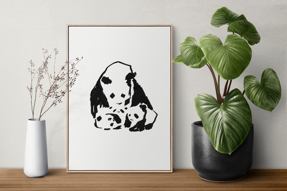 Panda Wall Art Print, Instant Download, Panda Mother with Baby Panda Art, Cute Animal Poster, Nursery Wall Decor, Bear Art, Minimalist Panda