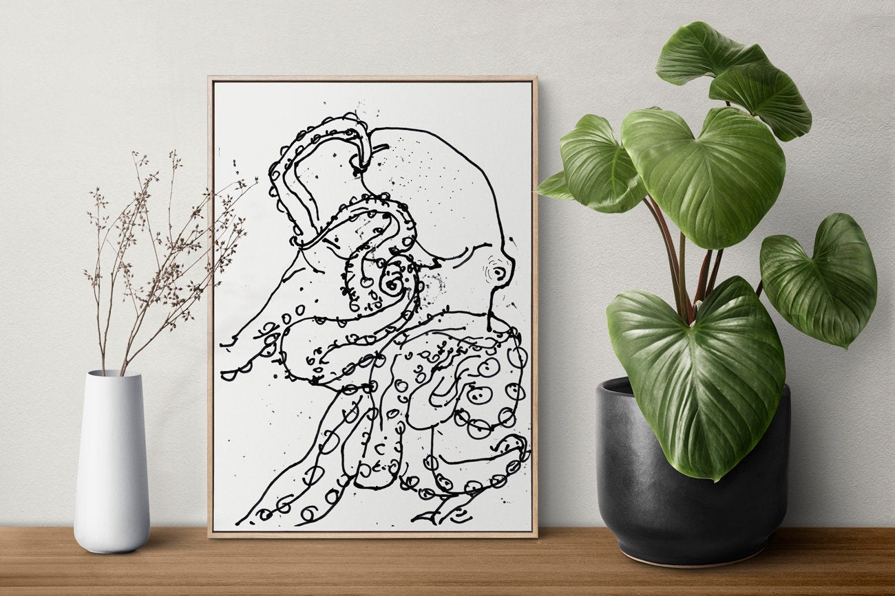 Nautical Bathroom Octopus Print, Housewarming gift idea, Digital Download, Octopus Black and White Drawing, Octopus Wall Decor