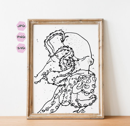 Nautical Bathroom Octopus Print, Housewarming gift idea, Digital Download, Octopus Black and White Drawing, Octopus Wall Decor