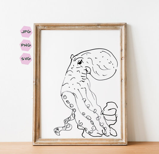 Octopus Lover Decor, Print for Nautical Room, Octopod Illustration, Octopus Png