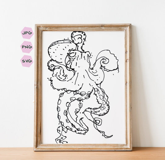 Octopus Svg, Octopus Printable Art, Nautical Octopus Sketch, Octopus Cut file, Digital Download