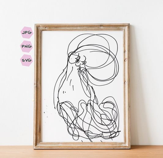 Ocean Creature Digital Print, Expresionism Octopus Wall Art, Nautical and Beach Decor