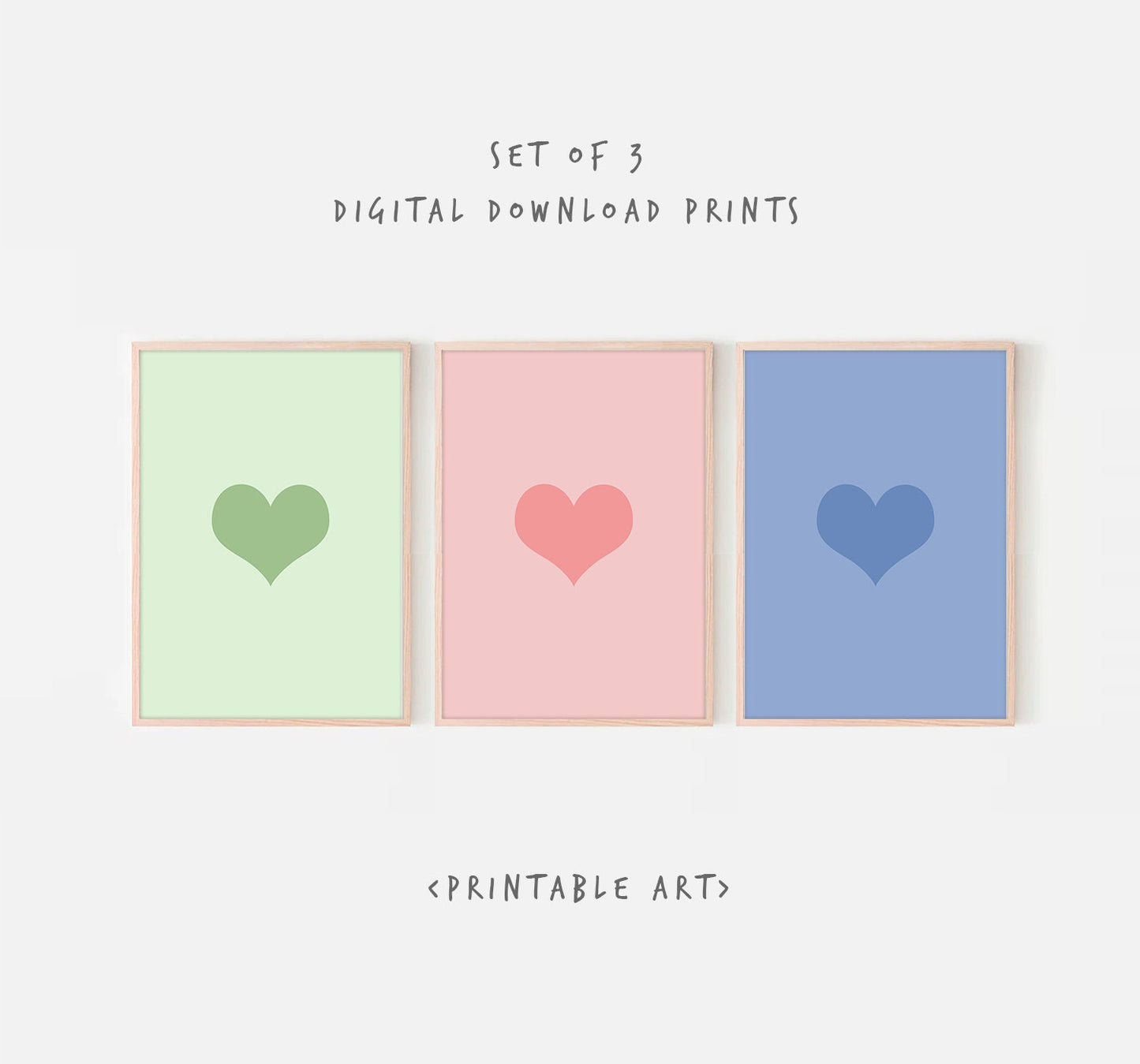 Heart Print Set of 3, Digital Download, Valentines Day Decor, Heart Bundle Printable Art, Romantic Gallery Wall, Cute Green Rose Blue Print