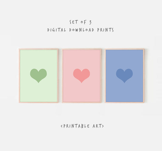 Heart Print Set of 3, Digital Download, Valentines Day Decor, Heart Bundle Printable Art, Romantic Gallery Wall, Cute Green Rose Blue Print