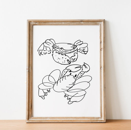 Crabs Illustration Print, Funny Marine Life Art, Sea Creature, Crusta Wall Art, Crab Line Art