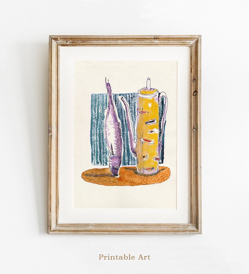 Food and Drink Print, Dinning Room Art, Kitchen Poster, Fish Wall Art, Tea Kettle Painting, Instant Download, Watercolor Kitchen Art