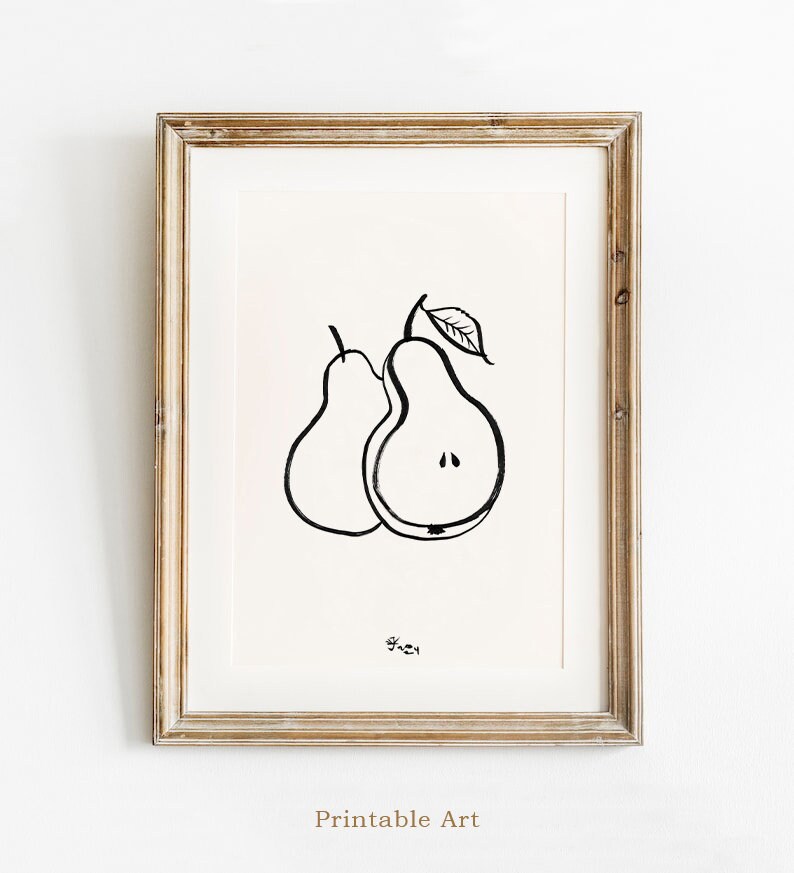 Pear Digital Download Print, Kitchen Wall Art, Fruit Decor, Minimalistic Pears Drawing, Black And White Kitchen Art, Vitamins Print, Bio