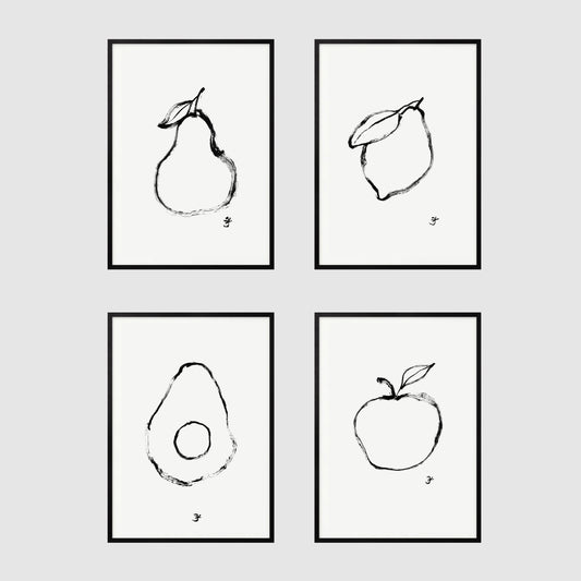 Bundle Kitchen Wall Art, Set of 4 Fruit Print, Pear Apple Lemon & Avocado, Digital Download, Fruit Market Print, Minimalist Kitchen Decor