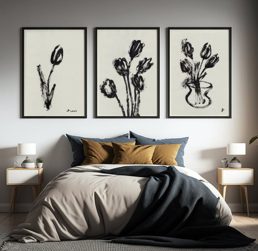 Set of 3 Black Spring Poster, Digital Download, Modern Botanical Painting, Ink Expressionist Wall Art, Mothers Day Gift, For Her, Melancholy