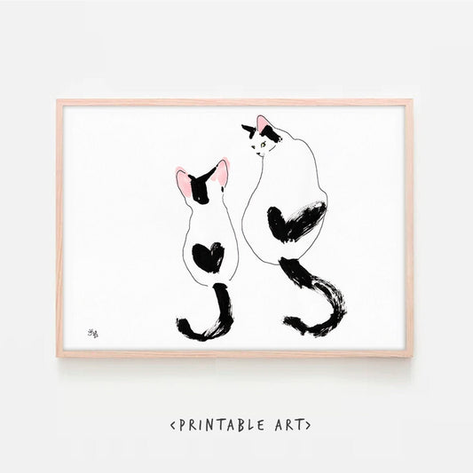 Mother with Child Cat, Wall Art Print, cute cat digital download, heart friends cat gift wall decor