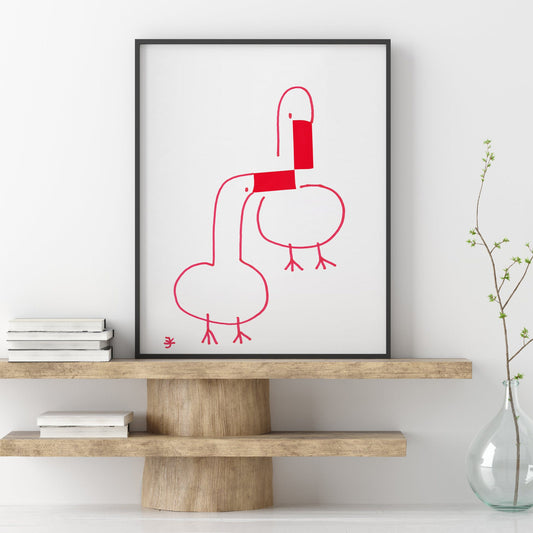 Two Red Goose Baby Bathroom Wall Decor, Minimalist and Simple Hanging Art, Countryside Home Decoration, Printable Goose Art, Red Modern Art