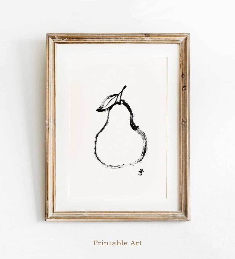 Pear Poster, Minimalist Digital Download, Kitchen Wall Art, Simple Home Wall Decor, Fruit Ink Drawing, Dinner Room Art, Black and White Art