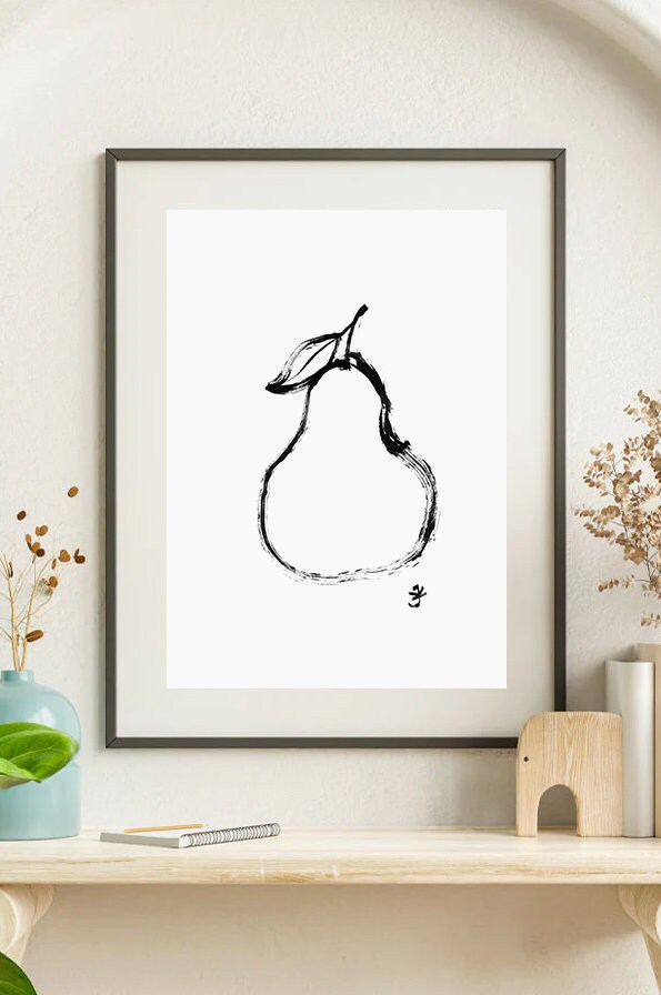 Pear Poster, Minimalist Digital Download, Kitchen Wall Art, Simple Home Wall Decor, Fruit Ink Drawing, Dinner Room Art, Black and White Art