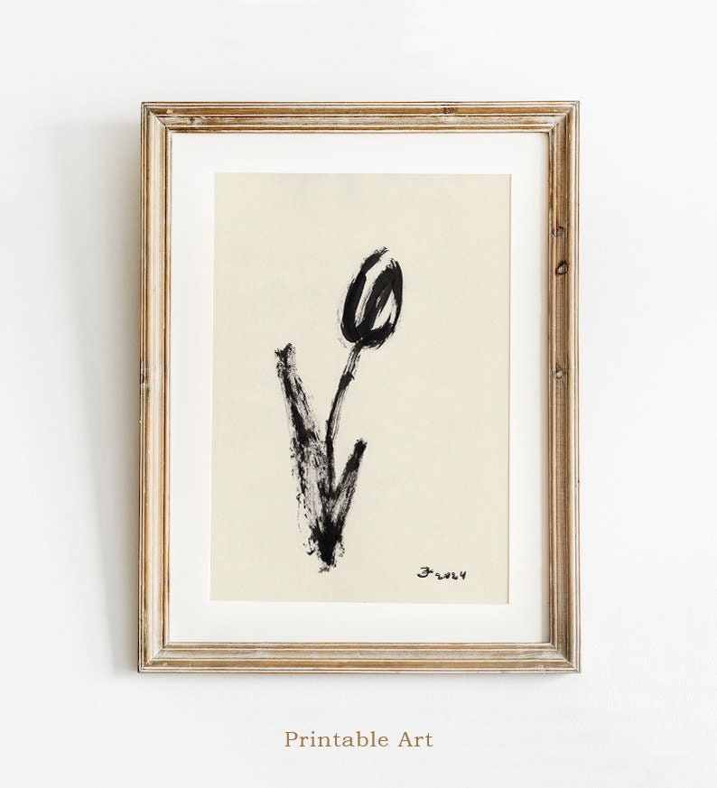 Spring Flower Wall Art, Printable Black and White Decor, Instant Download, Easter Print, Modern Home Decor, Black Aesthetic Girl Room Decor