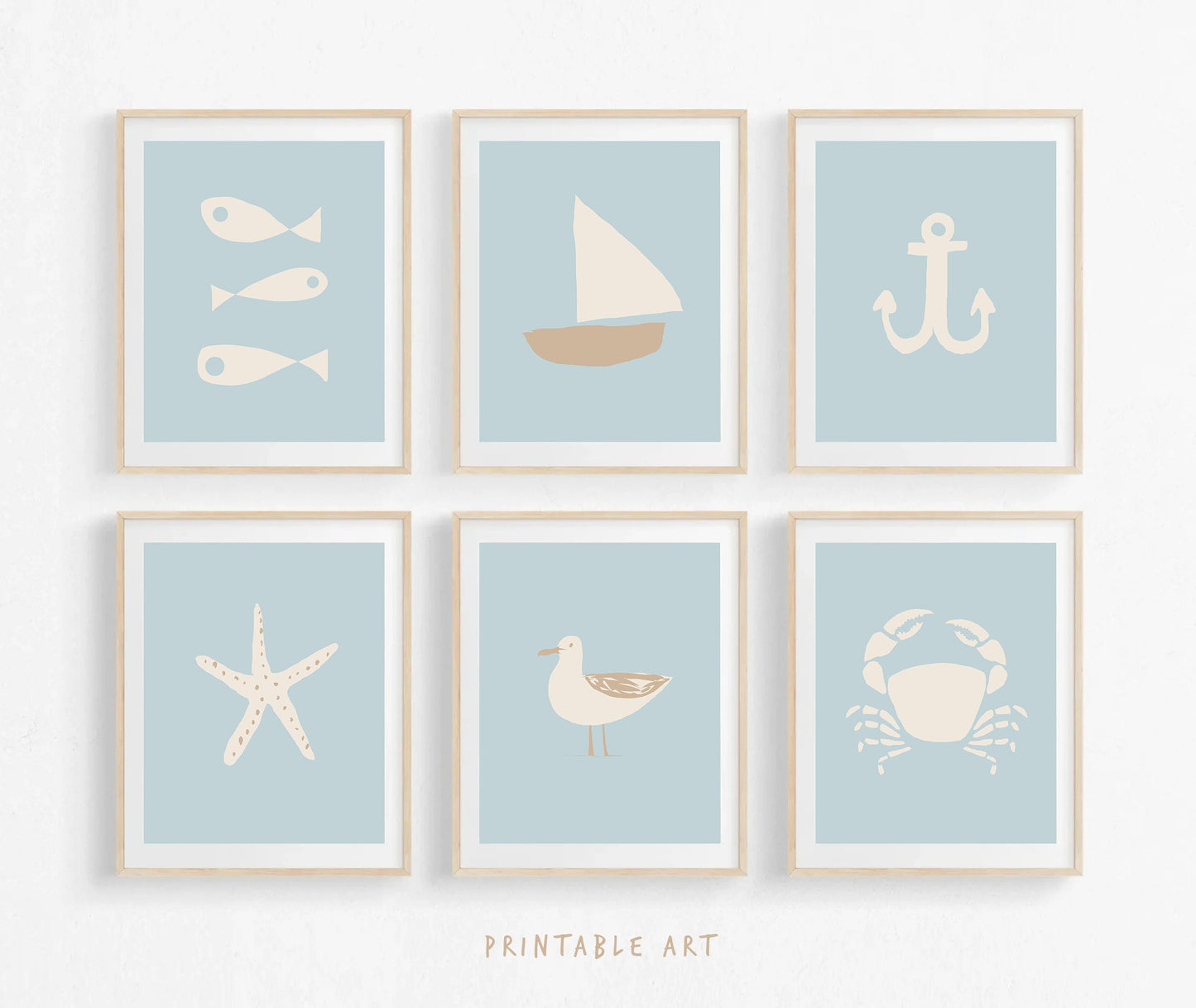 Coastal Nursery Decor, Kids Bathroom Wall Art, Baby Blue Wall Art, Beach House Decorations, Sea Lover Gift, Seagull Poster, Set of 6 Prints