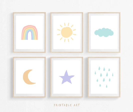 Rainbow Wall Art, Set of 6 Prints, Sun Cloud Moon Star Rain, Kids Playroom Decor, Nursery Wall Art, You Are My Sunshine, Girls Bedroom Decor