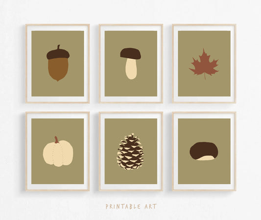 Fall Gallery Wall Art, Mushroom Cottagecore Prints Nursery, Acorn Leaf Pumpkin Pine Cone Chestnut, Fall Nursery Wall Art, Set of 6 Prints