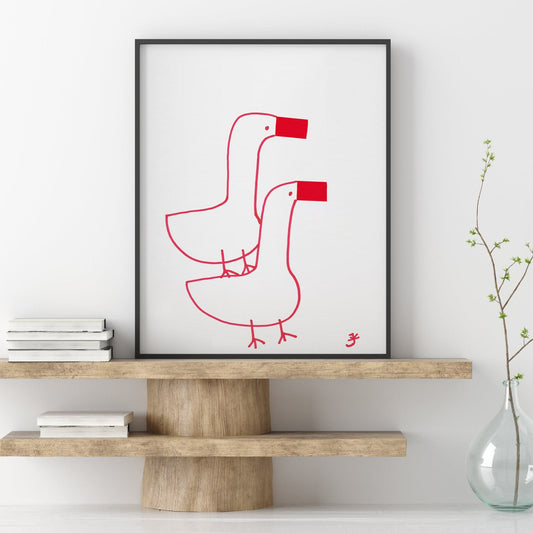 Two Geese Nursery Print, Digital Download, Farmhouse Decor, Red Accent Home Decorations, Easter Gift, Cute Red Gooses, Modern Wall Art