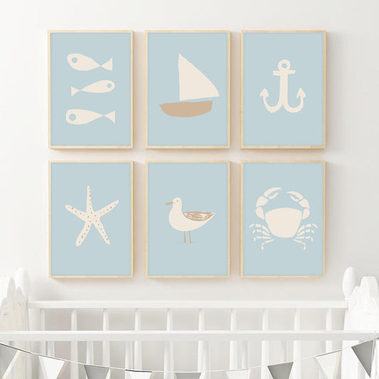 Coastal Nursery Decor, Kids Bathroom Wall Art, Baby Blue Wall Art, Beach House Decorations, Sea Lover Gift, Seagull Poster, Set of 6 Prints