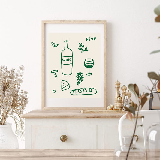Green Wine and Cheese Kitchen Aesthetic Decor ~ Retro Drink Print Modern Kitchen Wall Art, Bar Cart ~ Fine Wine Printable ~ Digital Download