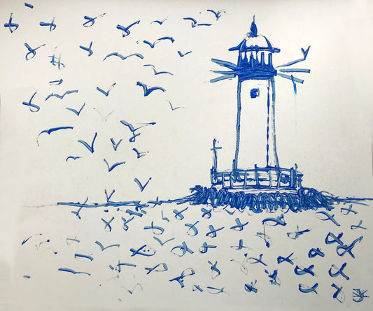 The Meeting at the Lighthouse. Original Hand Drawn Acrylic Blue Painting ~ Coastal Wall Art, Minimalist Expressionism Art (23 W x 19.5 H in)